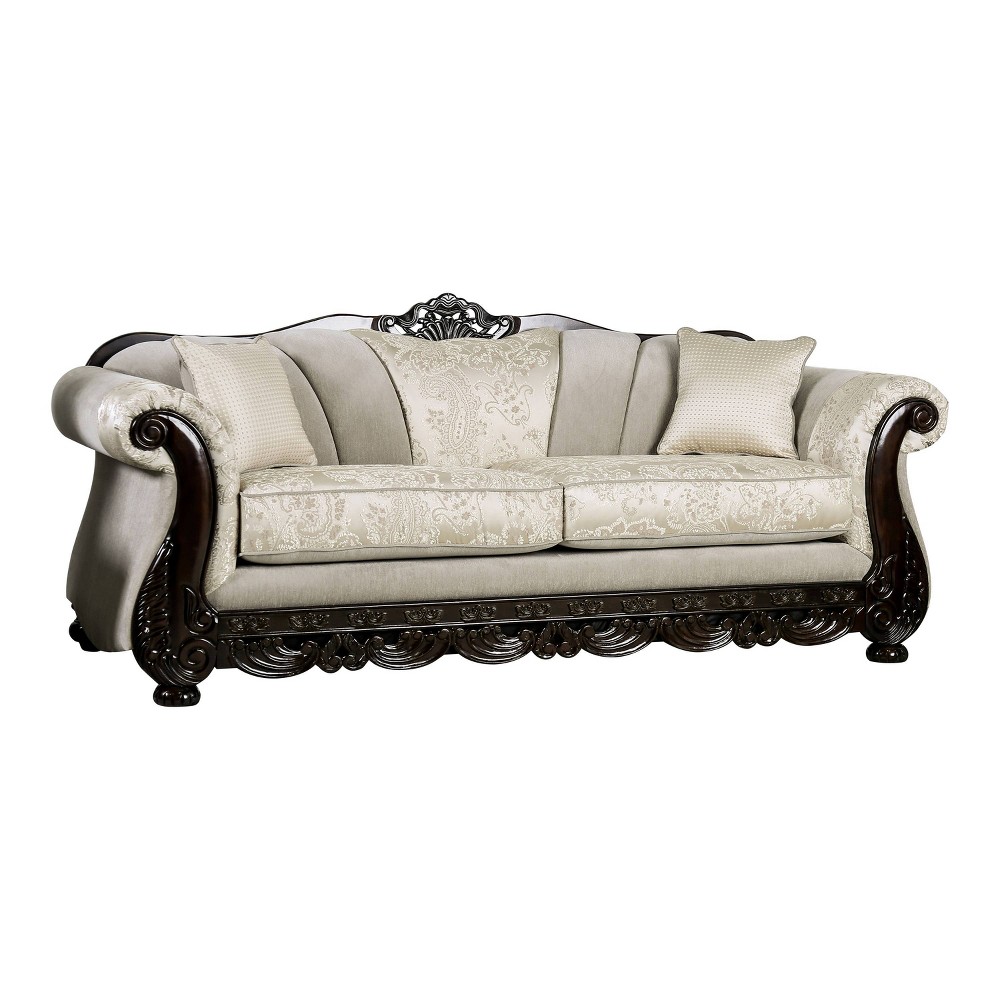 Maisey Rolled Arm Sofa Ivory: Traditional Elegance, Wood Trim, Bun Feet, Includes Pillows - Furniture Of America