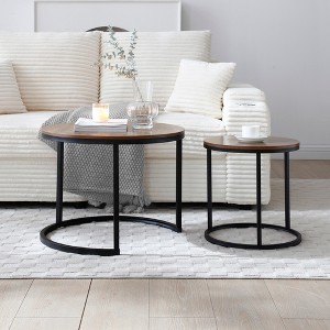 Set of 2 Nesting Round Coffee Tables with MDF Top and Metal Frame, Marble and Wood-Patterned, Modern Industrial Design for Living Room - 1 of 4