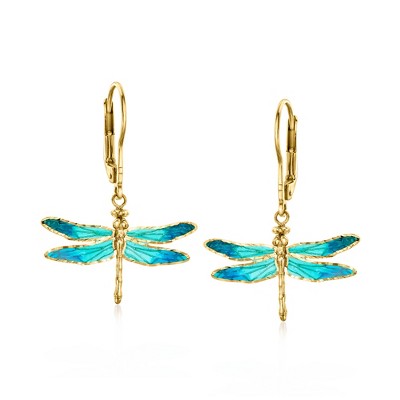 Ross-Simons Italian Tonal Blue Enamel Dragonfly Drop Earrings in 18kt Yellow Gold