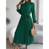 Women Pleated Dress Long Sleeve Stand Up Collar With Belt A-Line Flowing Dress - 4 of 4