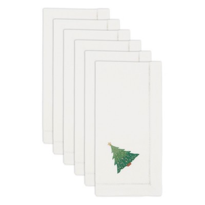 Whimsical Christmas Tree Embroidered White Cotton Napkins, Set of 6