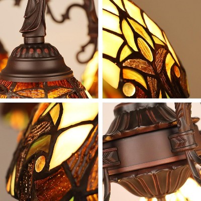 Victorian-Style Large Bronze Chandelier with Stained Glass Shades