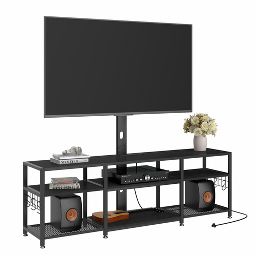 VECELO TV Stand with Mount and Power Outlet, Console Table with Height Adjustable Entertainment Center with Storage Shelves for 70 in. TV, Black/Brown
