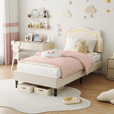 Twin Upholstered Smart LED Bed Frame with Adjustable Bear Headboard Velvet Princess Platform Bed Frame Wooden Slats Support No Box Spring Needed Easy