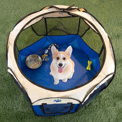 Blue Metal Mesh Pop-Up Pet Playpen with Carrying Case