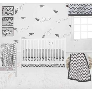 Bacati - Ikat Chevron White Grey Muslin Neutral 10 pc Crib Set with Wall Hangings and 4 muslin swaddling Blanket