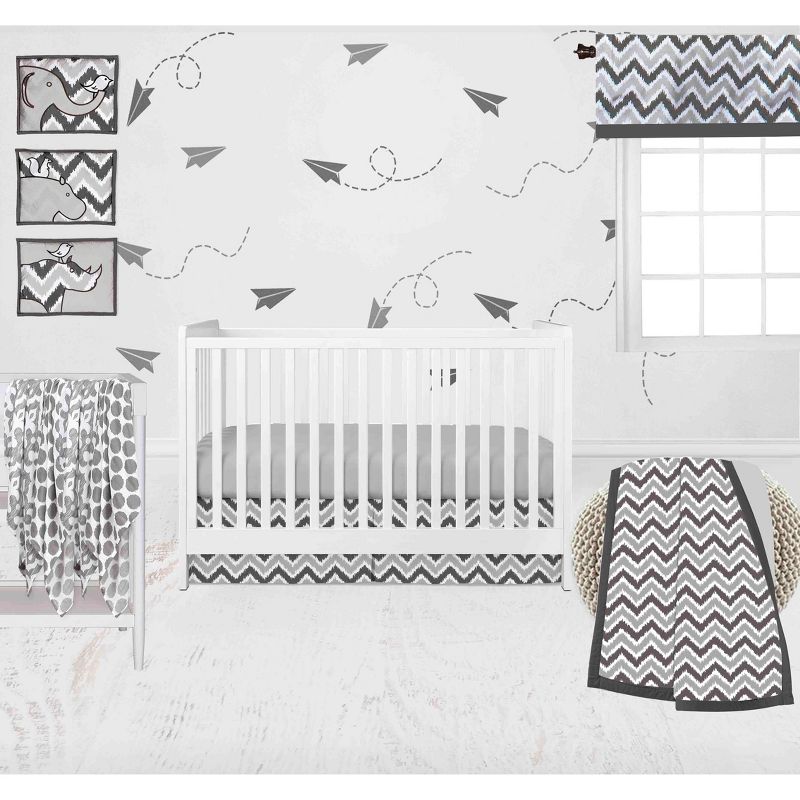 Bacati - Ikat Chevron White Grey Muslin Neutral 10 pc Crib Set with Wall Hangings and 4 muslin swaddling Blanket, 1 of 10