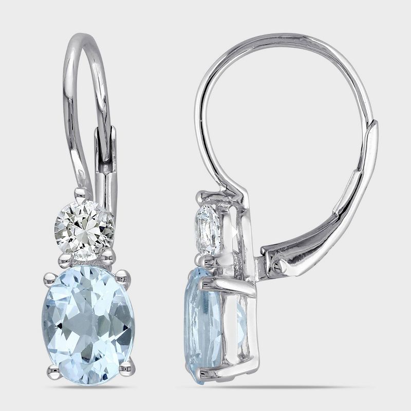 Blue Topaz and Created White Sapphire Leverback Drop Earrings in Sterling Silver - Blue/White, 3 of 4