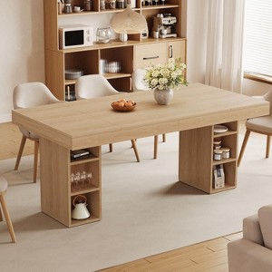 Light Oak Large Dining Table with Dual Side Storage, Double Pedestal Wooden Kitchen Table for Dining Room & Kitchen - 1 of 4