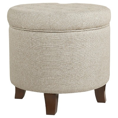 Twine Light Brown Tufted Round Storage Ottoman with Wooden Legs