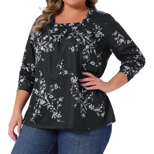 Agnes Orinda Women's Plus Size Floral Print Square Neck Long Sleeve Pleated Casual Tunic Blouses - 1 of 4