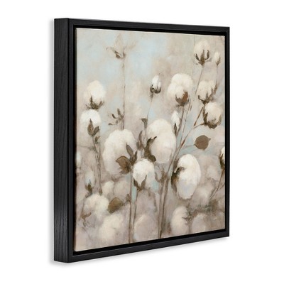 Neutral Cotton Flower Painting on Canvas with Black Frame, 18" x 18"