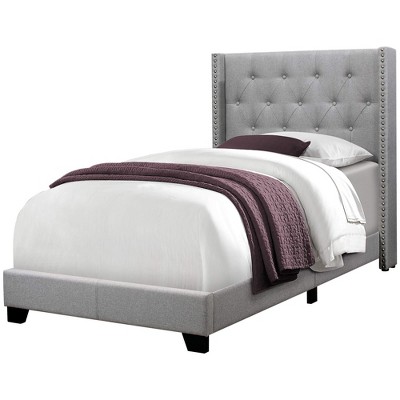 Monarch Specialties Bed Twin Size Platform Teen Frame Upholstered Velvet Wood Legs Grey Transitional