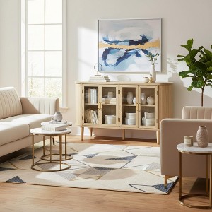 Homy Casa 4-Door Curved Glass Storage Cabinet with Wood Frame and Brass Handles for Living Room or Dining Area, Light Oak - 1 of 4