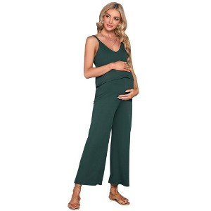 Women's Maternity Jumpsuit Sleeveless V Neck Ribbed Adjustable Strap Layered Front Wide Leg Overall Rompers - 1 of 4