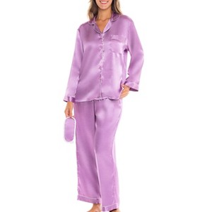 ADR Women's Satin Pajamas Set, Button Down Long Sleeve Top and Pants with Pockets, Silk like PJs with Matching Sleep Mask - 1 of 4