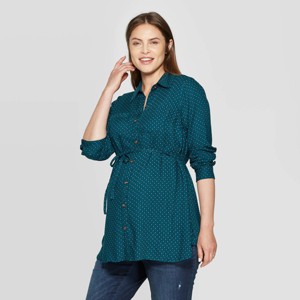 Maternity Printed Long Sleeve Collared Popover Tunic - Isabel Maternity by Ingrid & Isabel Teal XXL, Women