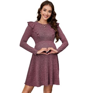Maternity Ribbed Knit Ruffle Cap Long Sleeve Fall Casual Sweater Dress Crew Neck Midi Dress Baby Shower Photoshoot - 1 of 4