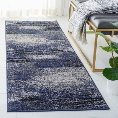 Grey and Blue Abstract Runner Rug with Synthetic Fibers