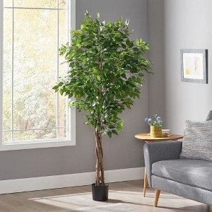 5.9ft Artificial Ficus Tree, Realistic Texture Ficus Tree, Tall Potted Ficus Tree With Glossy Leaves Twisted Trunk - 1 of 4