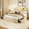 Furnulem Queen Bed Frame with Headboard Upholstered Platform Bed with 4 Storage Drawers Built-in LED Lights Charging Station Metal Slats Support Beige - 3 of 4