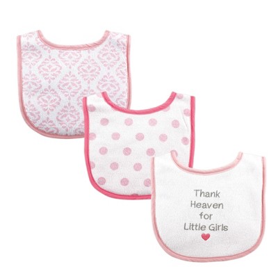Luvable Friends Baby Girl Cotton Drooler Bibs with Fiber Filling 3pk, Thank Heaven Girls, One Size