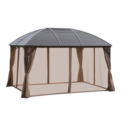 Brown Aluminum and Steel Hardtop Gazebo with Curtains and Netting