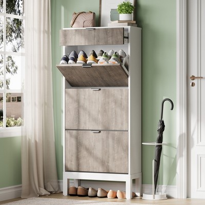 WhizMax Shoe Storage Cabinet with 3 Flip Drawers,Farmhouse Fluted Shoe Organizer,Freestanding Hidden Slim Narrow Shoe Rack for Entryway,Foyer,Hallway