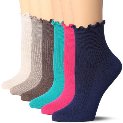 Tipi Toe Womens Neutral-Vibrant Harmony Turn-Cuff Solid Lettuce Edge Lightweight Quarter Length Ruffle Socks