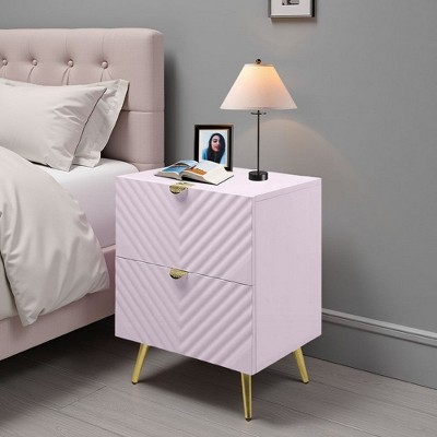 Royal Hampton Nightstand, Geometric 2 Drawers, Gold Metal, 25 Inch Pink Wood