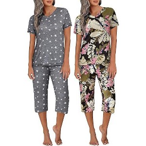 Ekouaer 2 Pack Women's Pajamas Short Sleeve Sleepwear Tops and Capri Pants Pjs - 1 of 4