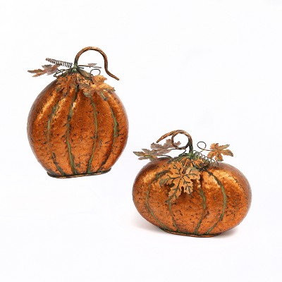 GIL Set of 2 Assorted Metal Harvest Tabletop Pumpkins with Leaf Accents