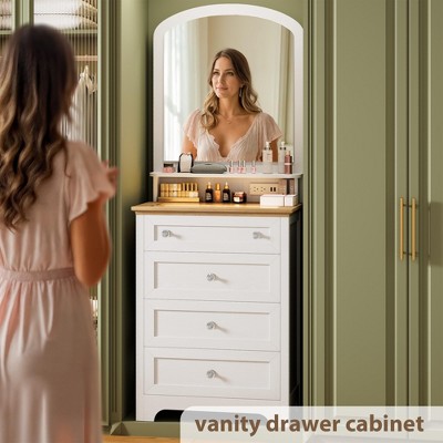 MDF LED White Cabinet Chest of Drawers with Socket, Walnut Tabletop, Modern Bedroom Storage Furniture, Illuminated Chest of Drawers with Mirror