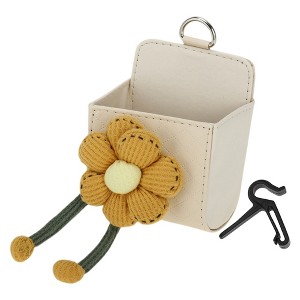 Unique Bargains 1 Pc Car Trash Can Hanging Trash Bin 3.5" Length 2.0" Width 4.3" Height Yellow Beige Faux Leather - 1 of 4
