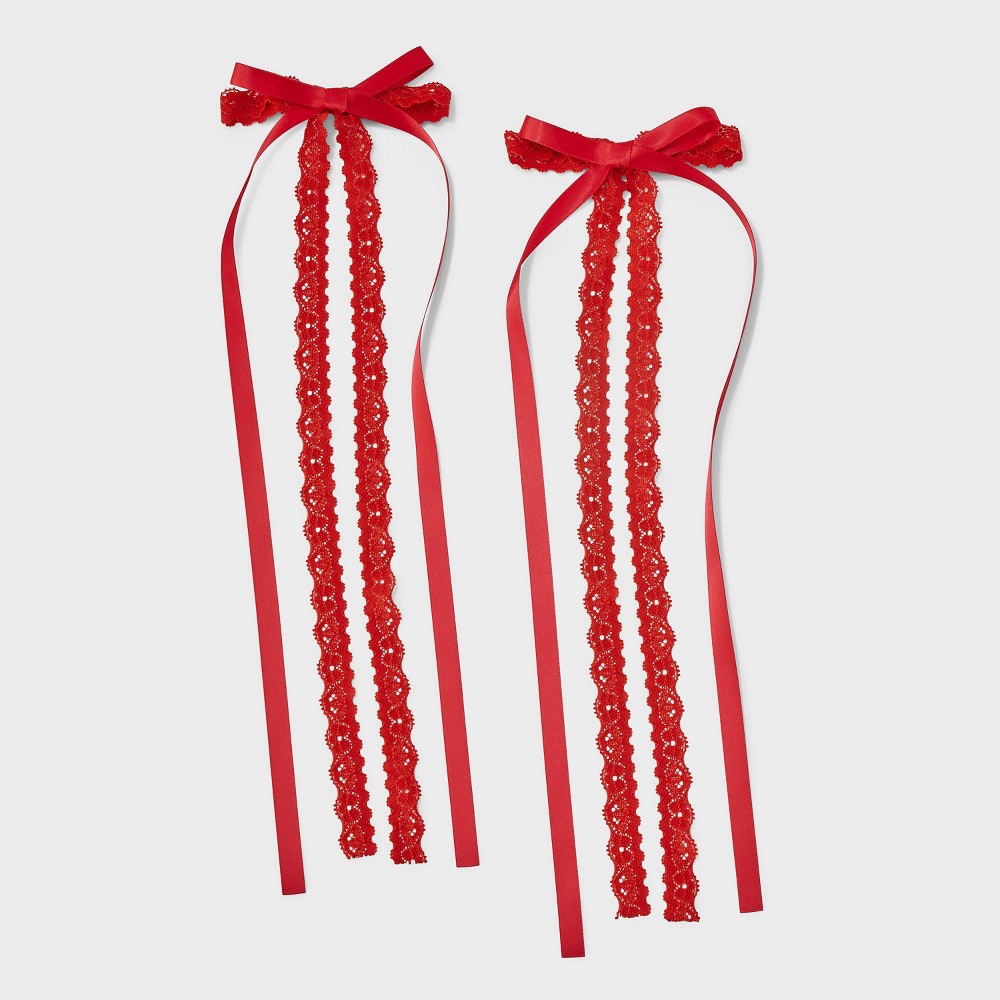 Game Day Satin & Lace Long Tail Hair Bow Set 2pc - Wild Fable™Vibrant Red