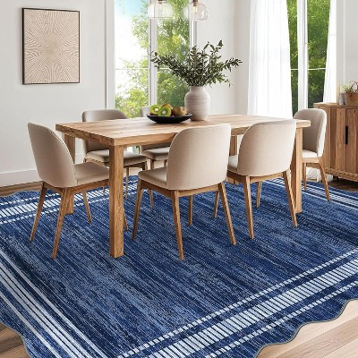 Scalloped Low-Pile Area Rug - Non-Slip Washable Carpet for Living Room, Bedroom, Dining Room & Office