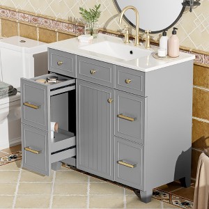 KWPZQEB 36" Bathroom Vanity with Ceramic Sink, Freestanding Bathroom Sink Cabinet with Barn Door & 5 Drawers, Storage Cabinet for Bathroom - 1 of 4