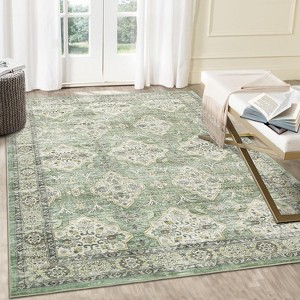 5x7 Vintage Farmhouse Print Washable Area Rug, Ultra-Thin Low-Pile Non-Slip Indoor Floor Cover for Living Room, Bedroom, Office, Green/Yellow - 1 of 4