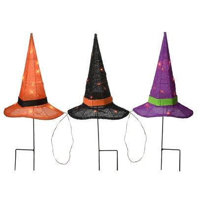 23" Pre-lit Multicolor Witch's Hat Garden Stakes with Glittering Tinsel Fabric