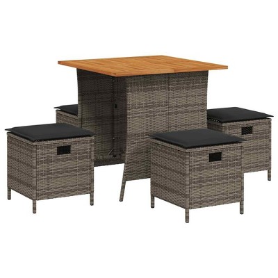 vidaXL 5-Piece Outdoor Patio Dining Set - Gray Poly Rattan Furniture with Cushions, Square Acacia Wood Table - Perfect for Garden, Backyard, or Patio