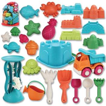 Syncfun 25 Pcs Beach Sand Toys Set with Mesh Bag Including Bucket, Car, Shovels, Rakes, Watering Can, Molds for Kids Summer Outdoor Beach Fun