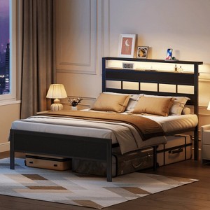 Bed Frames with Headboard & LED Lighted,Standard Storage Bed Platforrm with Storage Underbed, No Box Spring Needed - 1 of 3