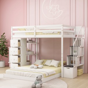NicBex Twin over Full Bunk Bed Pine Bed Frame with Shelves, Drawers, Storage Stairs and Full Length Guardrail, No Box Spring Required - 1 of 4