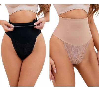 INSPIRE CHIC 2 Pcs Women's Lace Tummy Control Thongs High-Waisted Hi-Cut Control Panties