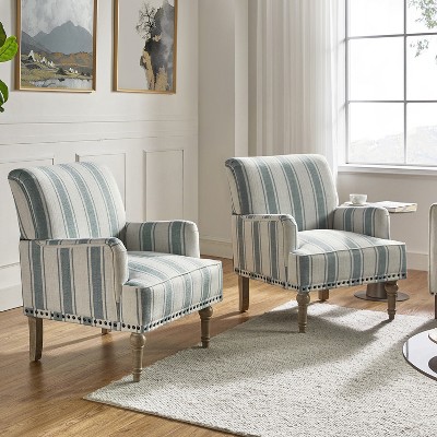 Set of 2 Venere Bedroom Wooden Upholstered Armchair with Nailhead Trim and Unique Stripe Design | ARTFUL LIVING DESIGN