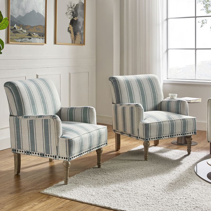 Set of 2 Venere Bedroom Wooden Upholstered Armchair with Nailhead Trim and Unique Stripe Design | ARTFUL LIVING DESIGN, 1 of 11