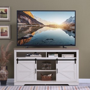 KTMBDW Farmhouse TV Stand for Televisions up to 65 Inches, Sliding Barn Doors, Console Table for Living Room, 58 Inch, Milk White - 1 of 4