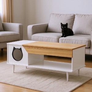 TROPOW 45'' Black Coffee Table Cat Tables Living Room with Storage Drawer, Wooden Rustic Coffee Tables with Cat House - 1 of 4