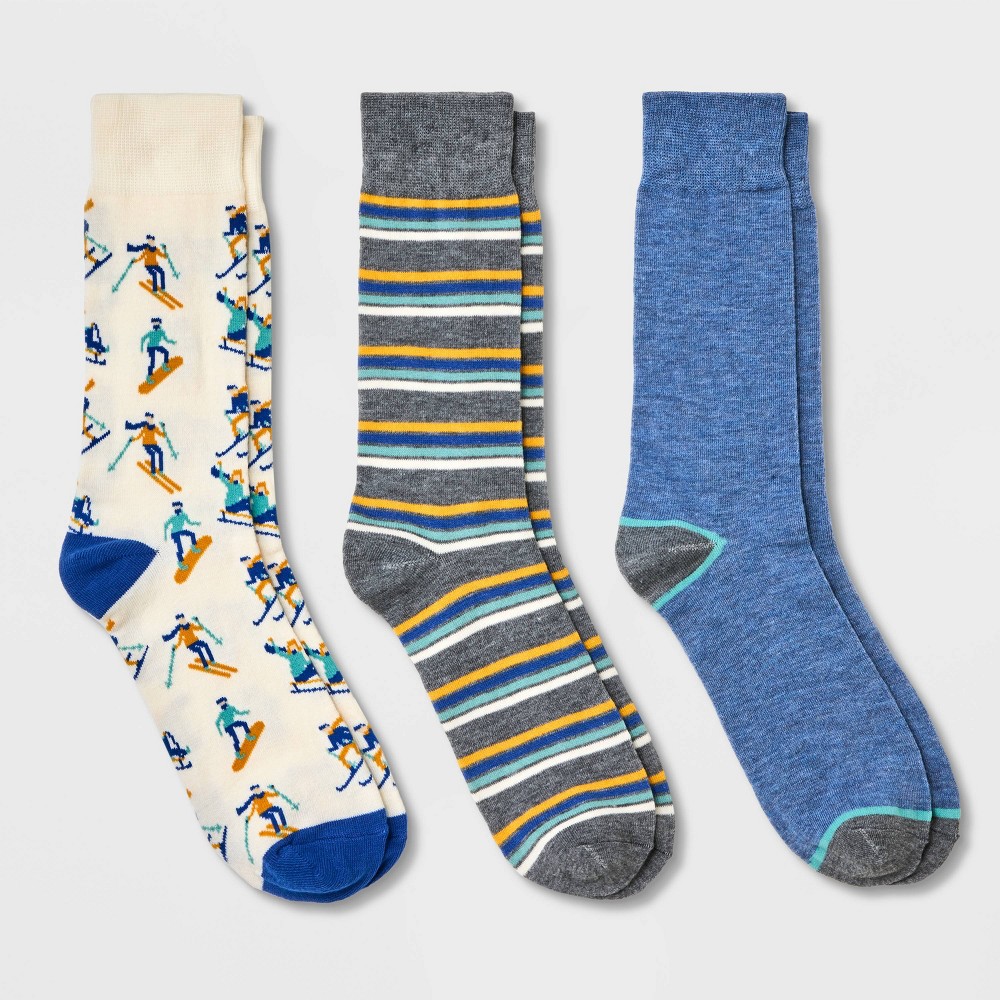 Men's Skiier Socks 3pk - Goodfellow & Co Cream/Blue 7-12