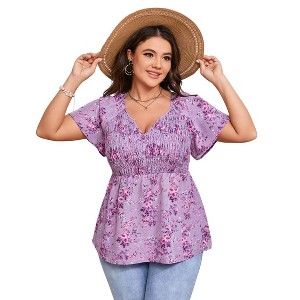 YESFASHION Women Plus Size Floral Blouse V Neck Short Sleeve Top Smocked Casual Shirt - 1 of 4